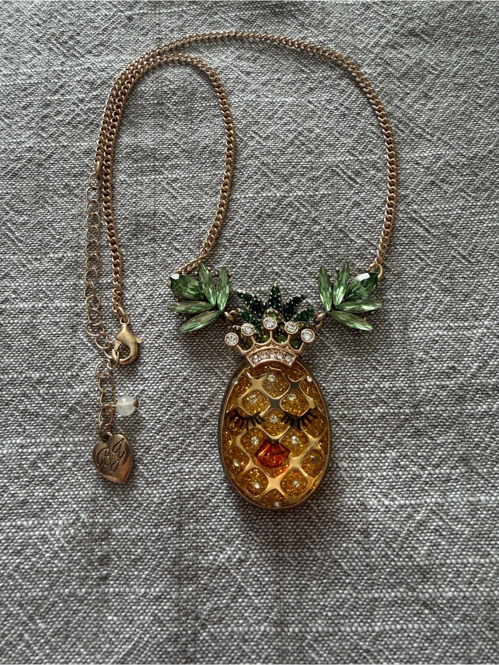 Betsey Johnson Gold-tone Pineapple Pendant Necklace with Green Crystal Leaves